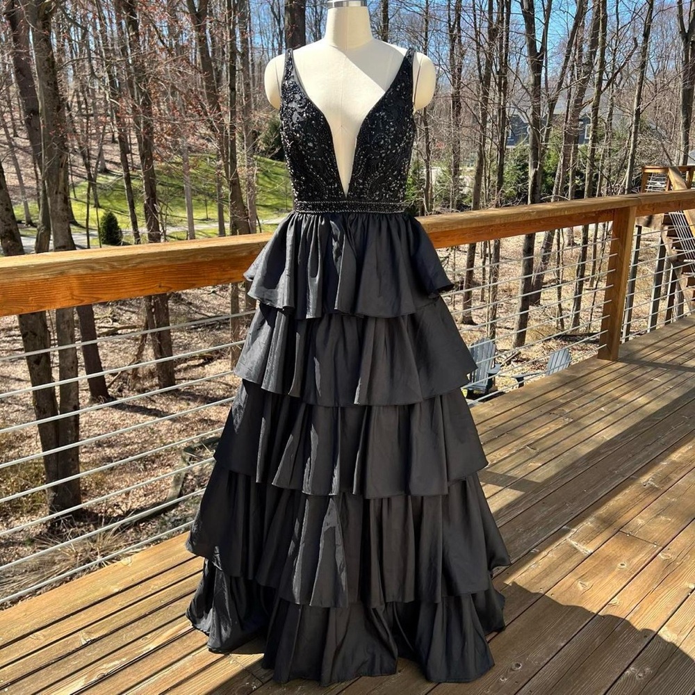 Sherri Hill Black Beaded Ruffle Tiered Prom Dress - Picture 2 of 9